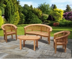 Deluxe Teak Banana Bench, Coffee Table & Armchairs, Furniture Set