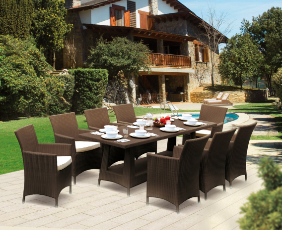 Seat All-Weather Wicker Dining Set w/ Rectangular Table Armchairs