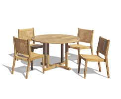 Canfield 1.2m Round Teak Table & Sora Woven Stacking Chairs Set