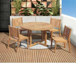 Canfield 1.3m Round Teak Table & Sora Woven Stacking Chairs Set
