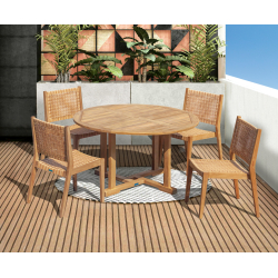 Canfield 1.3m Round Teak Table & Sora Woven Stacking Chairs Set