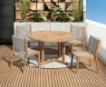 Canfield 1.3m Round Teak Table & Sora Woven Stacking Chairs Set