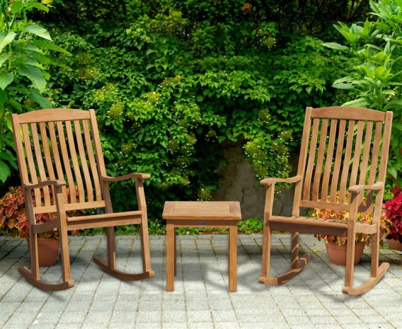Square 50cm Teak Table and 2 Rocking Chairs Set