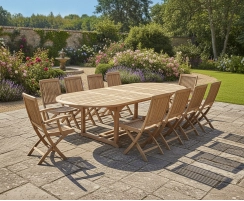 Brompton Teak Extending Double Leaf Table with 2 Rimini Armchairs & 8 Folding Chairs Set