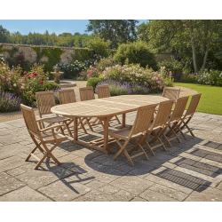 Brompton Teak Extending Double Leaf Table with 2 Rimini Armchairs & 8 Folding Chairs Set