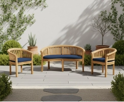 Contemporary Teak Banana Bench and Chairs Outdoor Set