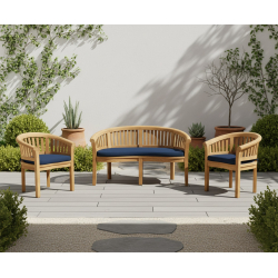 Contemporary Teak Banana Bench and Chairs Outdoor Set