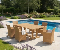 Cadogan Teak Wood Pedestal Table 2m & 6 Riviera Rattan Chairs