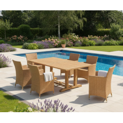 Cadogan Teak Wood Pedestal Table 2m & 6 Riviera Rattan Chairs
