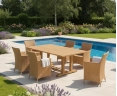 Cadogan Teak Wood Pedestal Table 2m & 6 Riviera Rattan Chairs