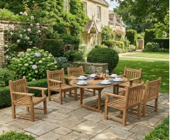 Brompton Single-Leaf Teak Extendable Table with 6 Taverners Armchairs
