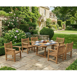 Brompton Single-Leaf Teak Extendable Table with 6 Taverners Armchairs