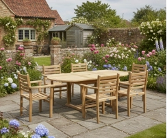 Brompton Single Leaf Extending Table and 6 Yale Teak Stacking Armchairs