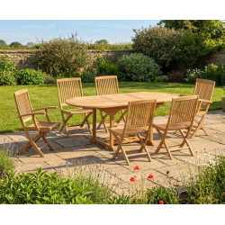 Brompton Teak Extendable Table, 2 Rimini Folding Armchairs and 4 Rimini Folding Chairs Set