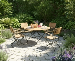 Bistro Round 1.2m Table & 4 Armchairs Teak Folding Dining Set