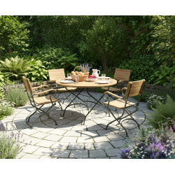Bistro Round 1.2m Table & 4 Armchairs Teak Folding Dining Set
