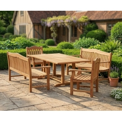 Cadogan 2m Teak Table, Rose Garden Benches and Rose Garden Armchairs Set