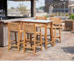 Quadra Sintered Stone and Teak Bar Table with Tiga Rattan and Teak Bar Chairs