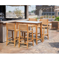 Quadra Sintered Stone and Teak Bar Table with Tiga Rattan and Teak Bar Chairs