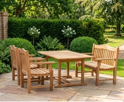 Hilgrove 150cm Teak Table Set with Rose Garden 120cm Bench and Rose Garden Armchairs