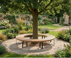 Teak Backless Circular Tree Bench with Metal Legs - 2.2m