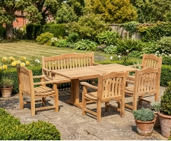 Cadogan 180cm Teak Table, Rose Garden 150cm Bench and 4 Rose Garden Armchairs