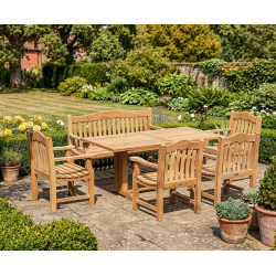 Cadogan 180cm Teak Table, Rose Garden 150cm Bench and 4 Rose Garden Armchairs