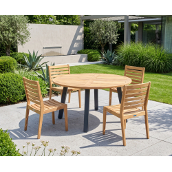 Disk Teak and Steel 1.3m Round Table & 4 Vero Stacking Chairs