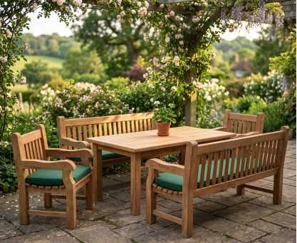 Balmoral Teak Rectangular Table 1.8m, Benches & Chairs