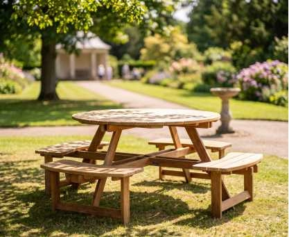 Deluxe Round Picnic Table, Teak Circular Picnic Bench