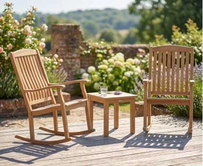 Square 50cm Teak Table and 2 Rocking Chairs Set