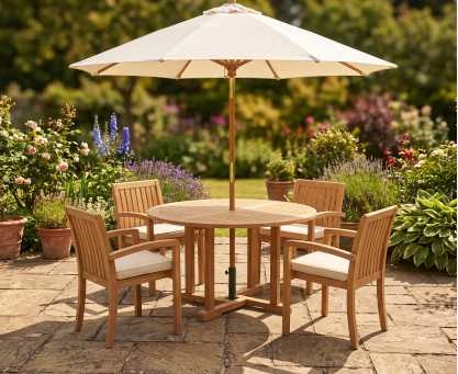 Canfield Round 1.2m Table & 4 Monaco Stacking Chairs, Teak Patio Set
