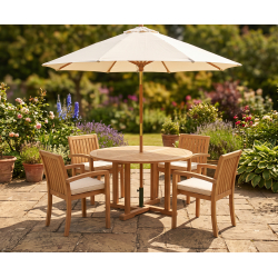 Canfield Round 1.2m Table & 4 Monaco Stacking Chairs, Teak Patio Set