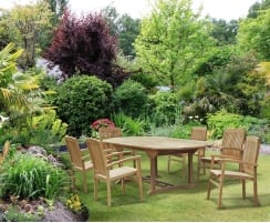 Canfield Round Table & Yale Stacking Chairs, Teak Outdoor Dining Set