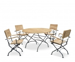 Bistro Round 1.2m Table & 4 Armchairs Teak Folding Dining Set