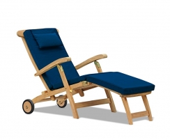 teak steamer deck chair with cushions and wheels