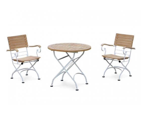 Bistro Round 0.8m Table & 2 Armchairs Set, Satin White Frame