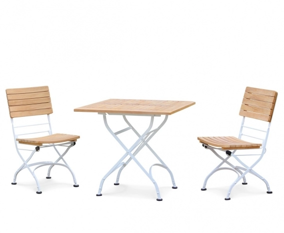 Teak Bistro Square 0.8m Table & 2 Side Chairs Set, Satin White Frame