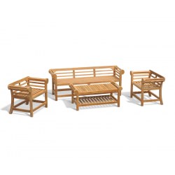 Lutyens-Style Teak 1.95m Low Back Bench, Armchairs & Coffee Table Set