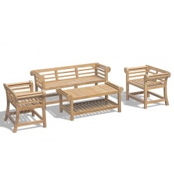 Lutyens-Style Teak 1.65m Low Back Bench, Armchairs & Coffee Table Set