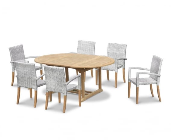 Brompton Extending Teak Table & 6 St. Tropez Rattan Stacking Chairs