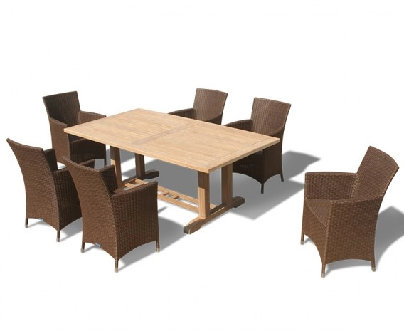 Cadogan Teak Wood Pedestal Table 2m & 6 Riviera Rattan Chairs