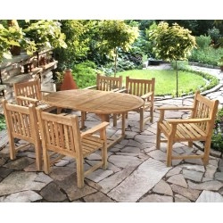 Brompton Double-Leaf Teak Extending Table & 6 Teak Armchairs