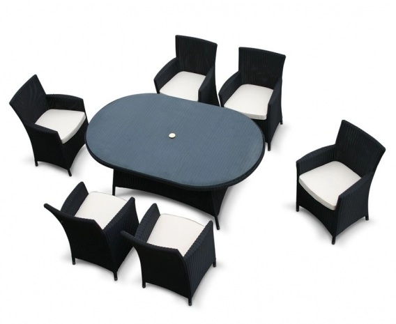 Riviera Oval Glass-Top 1.8m Table & 6 Armchairs, Black, Loom Rattan