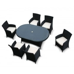 Riviera Oval Glass-Top 1.8m Table & 6 Armchairs, Black, Loom Rattan