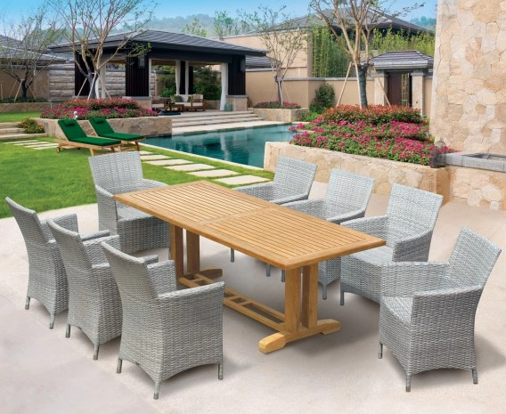 Cadogan Teak Pedestal Table 2.25m & 8 Riviera Rattan Armchairs, flat weave