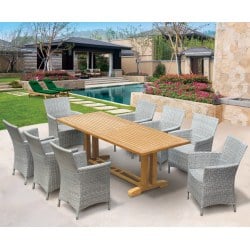 Cadogan Teak Pedestal Table 2.25m & 8 Riviera Rattan Armchairs, flat weave