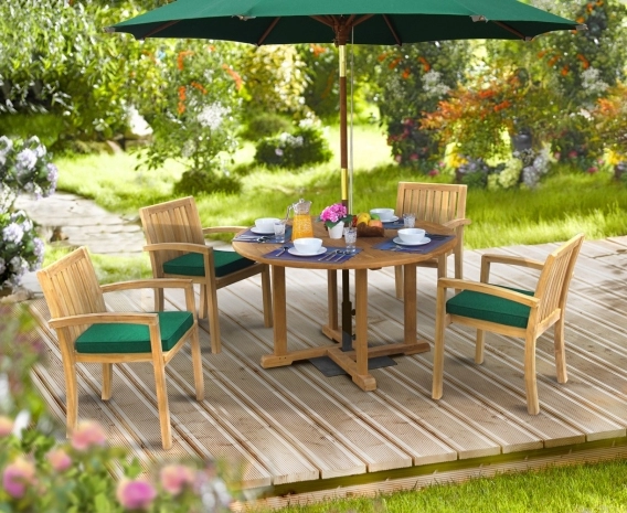 Canfield Round 1.2m Table & 4 Monaco Stacking Chairs, Teak Patio Set