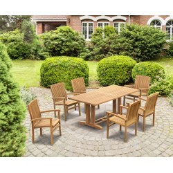 Cadogan Teak Pedestal Table 1.8m & 6 Bali Stacking Chairs