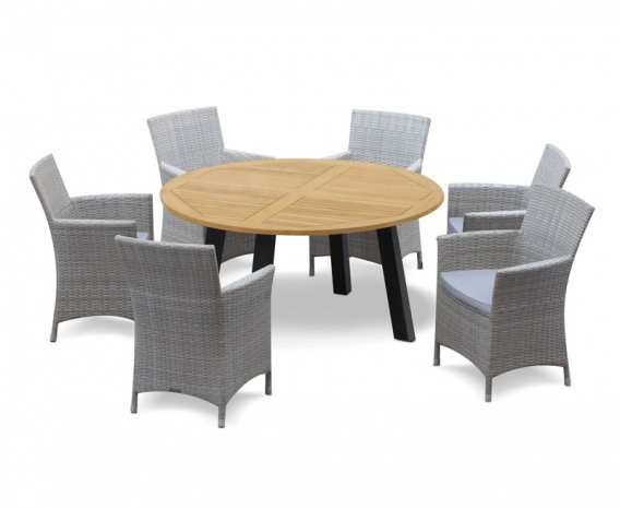 Disk Teak And Steel Round Table 1 5m, Riviera 2 Rattan Garden Chairs And Small Round Dining Table In Grey